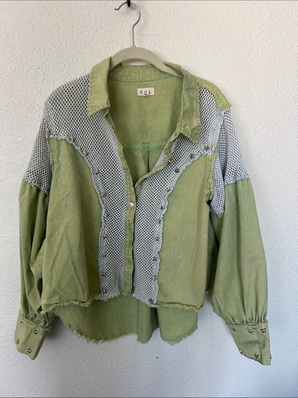 P.O.L Green Button Front Mixed-Media Shirt Jacket Sz Medium